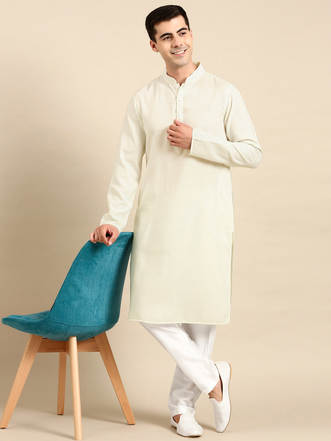 Cream Twill Weave Cotton Kurta  Set