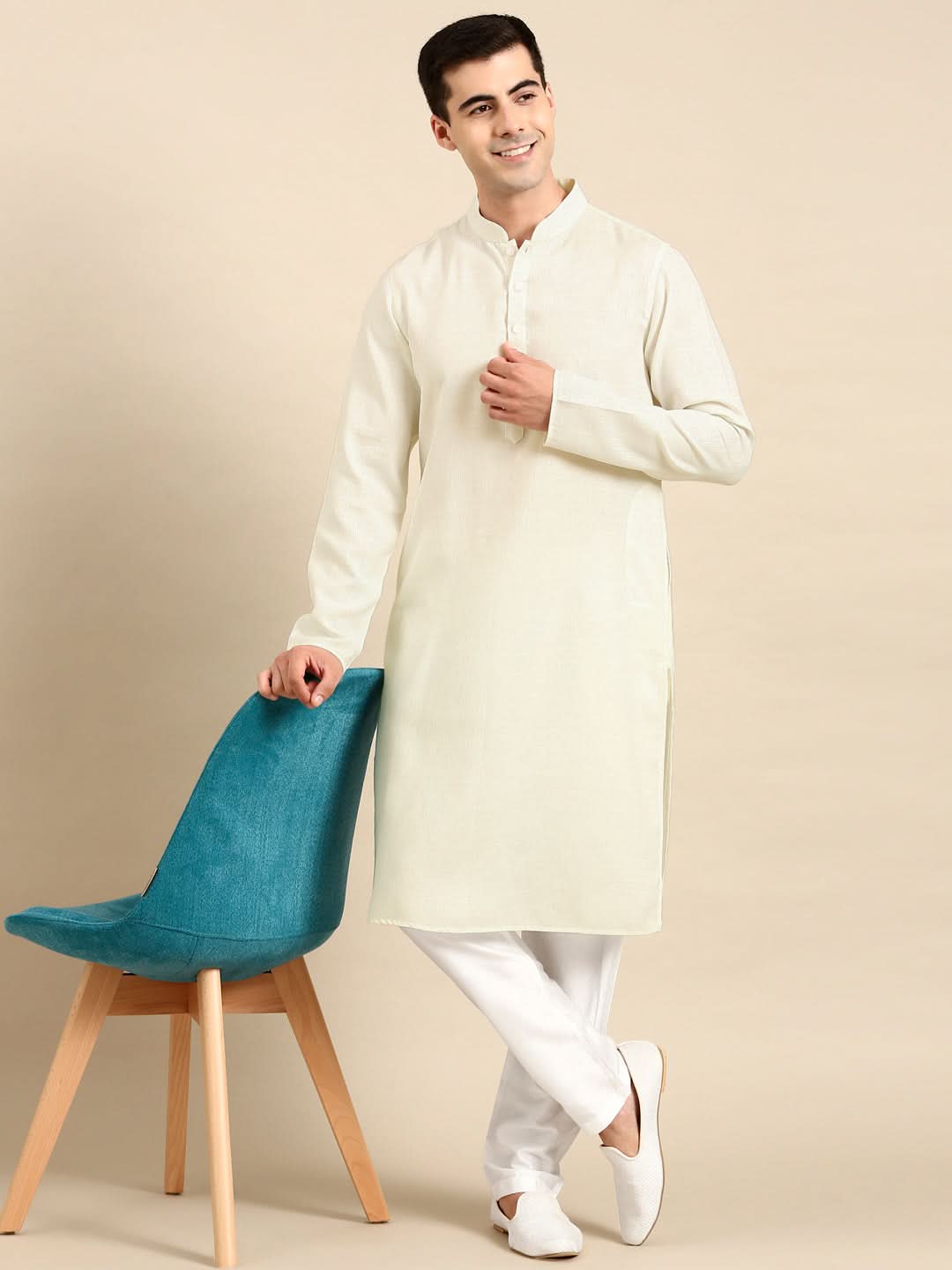 Cream Twill Weave Cotton Kurta Set