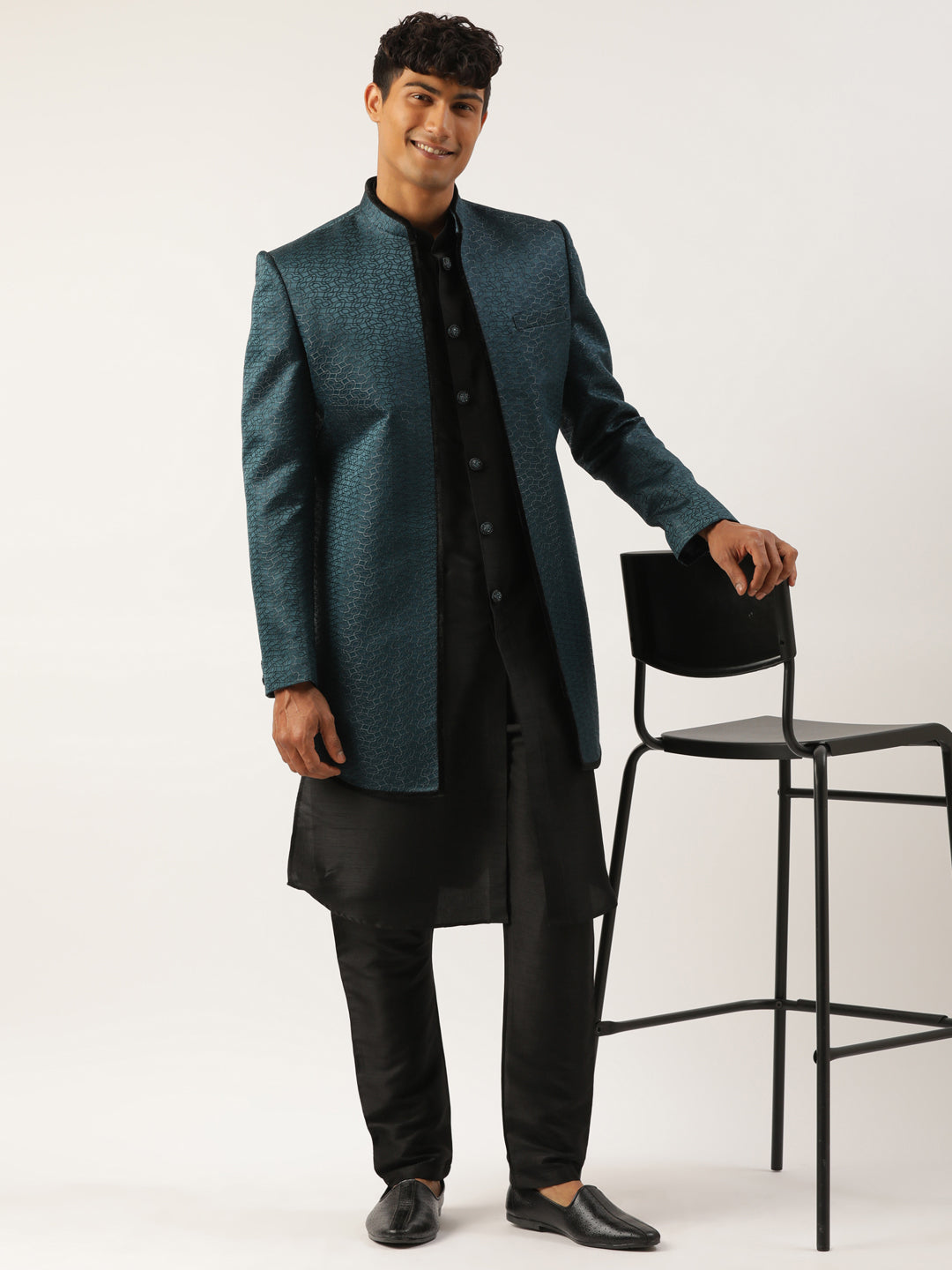 Teal Black Jacquard open Indowestern Set