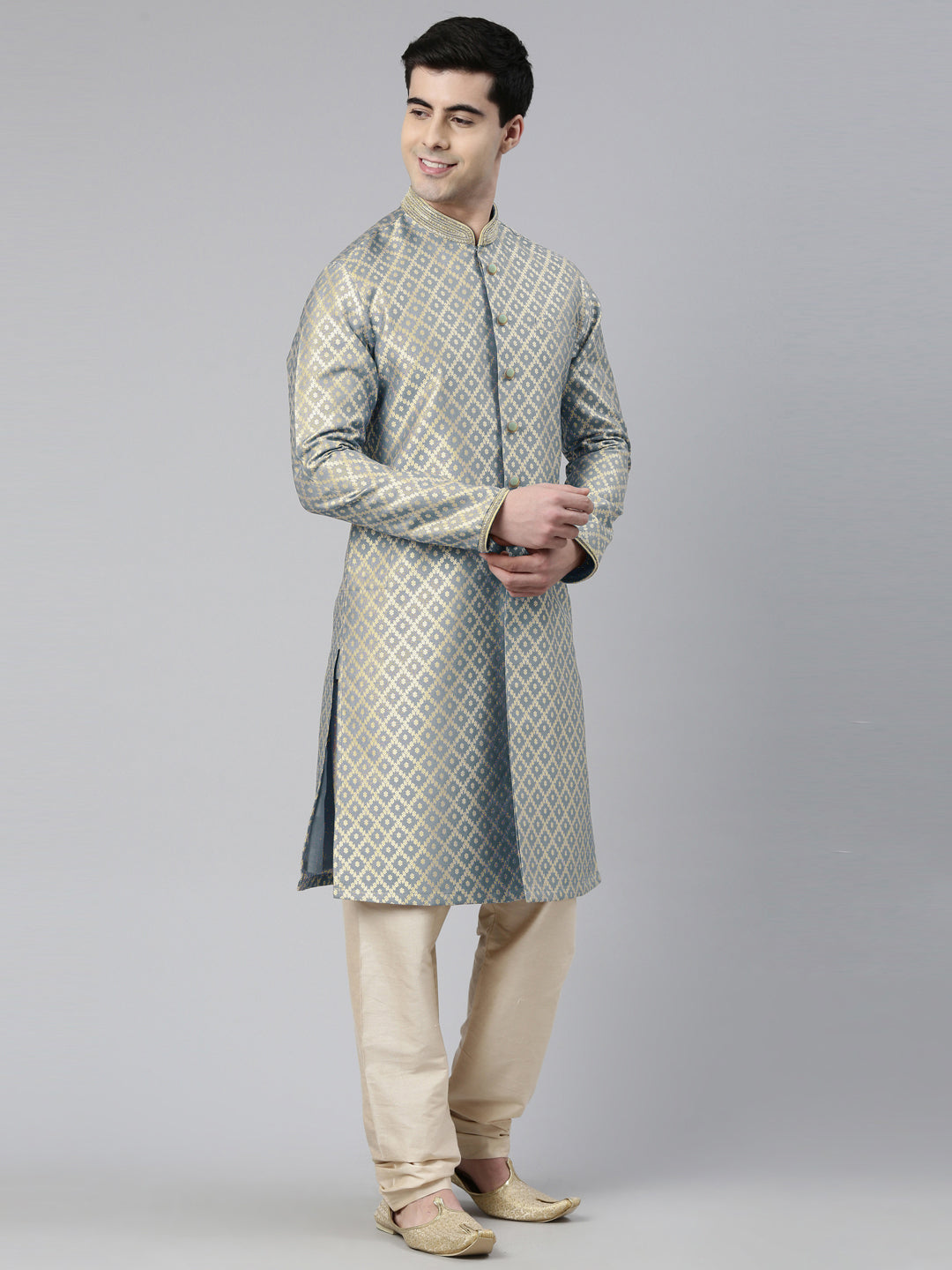 Grey with Golden Floral Jaal Open Kurta Set
