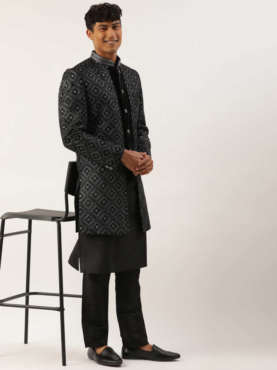 Black Velvet Embroidered Layered Indowestern