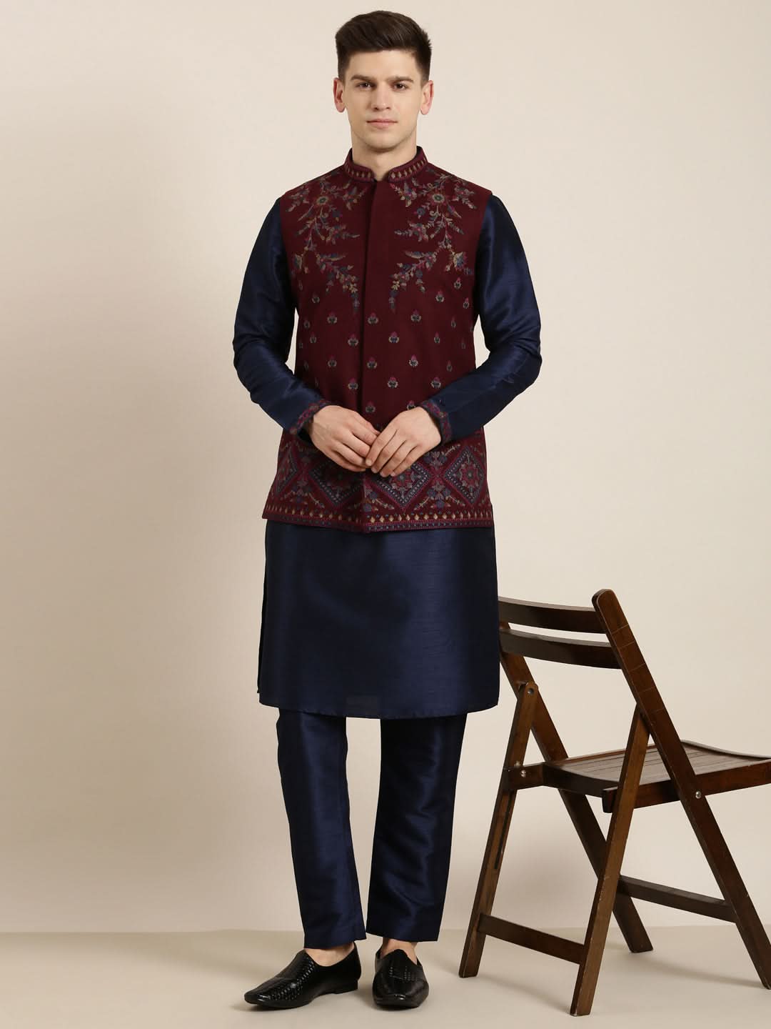 Maroon Pashmina embroidery Jacket With Navy kurta set