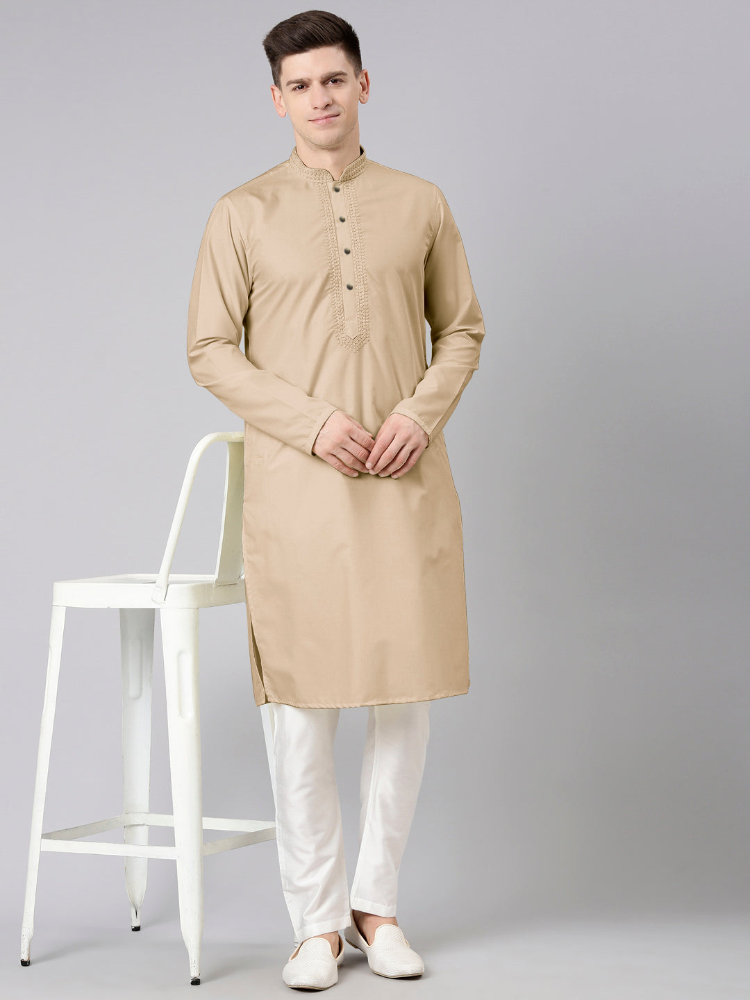 Beige Cotton Dori Embroidery Kurta Set