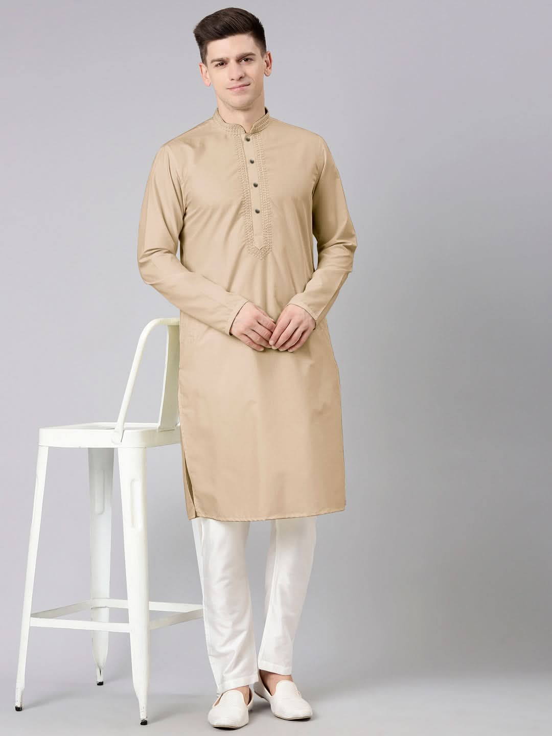 Beige Cotton Dori Embroidery Kurta Set