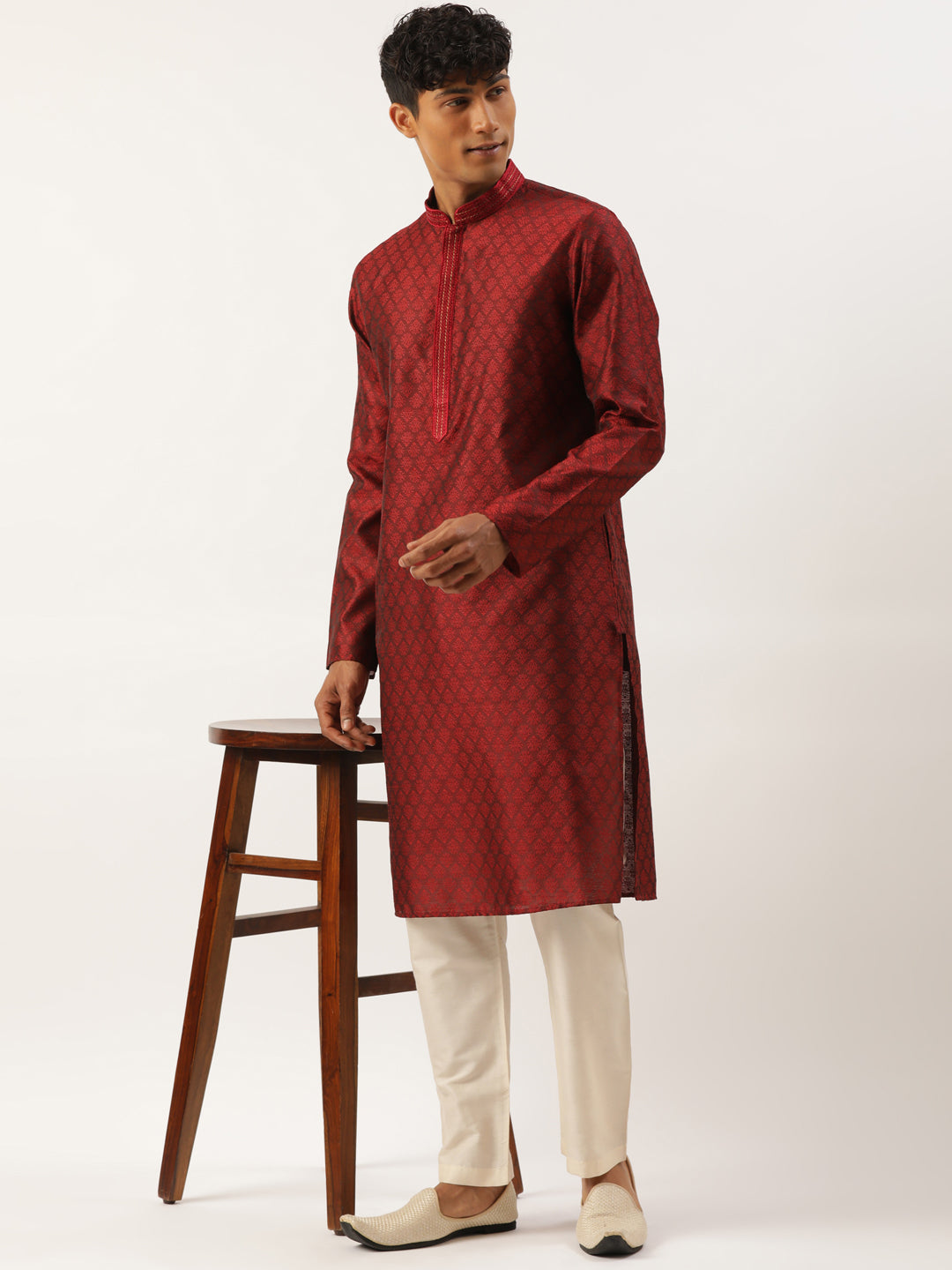 Maroon Jacquard Embroidered Kurta Set