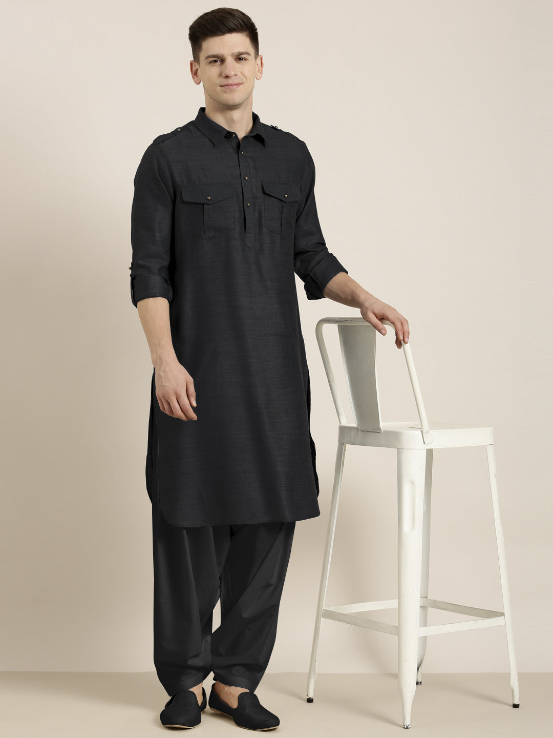 Black Cotton Pathani With Salwar