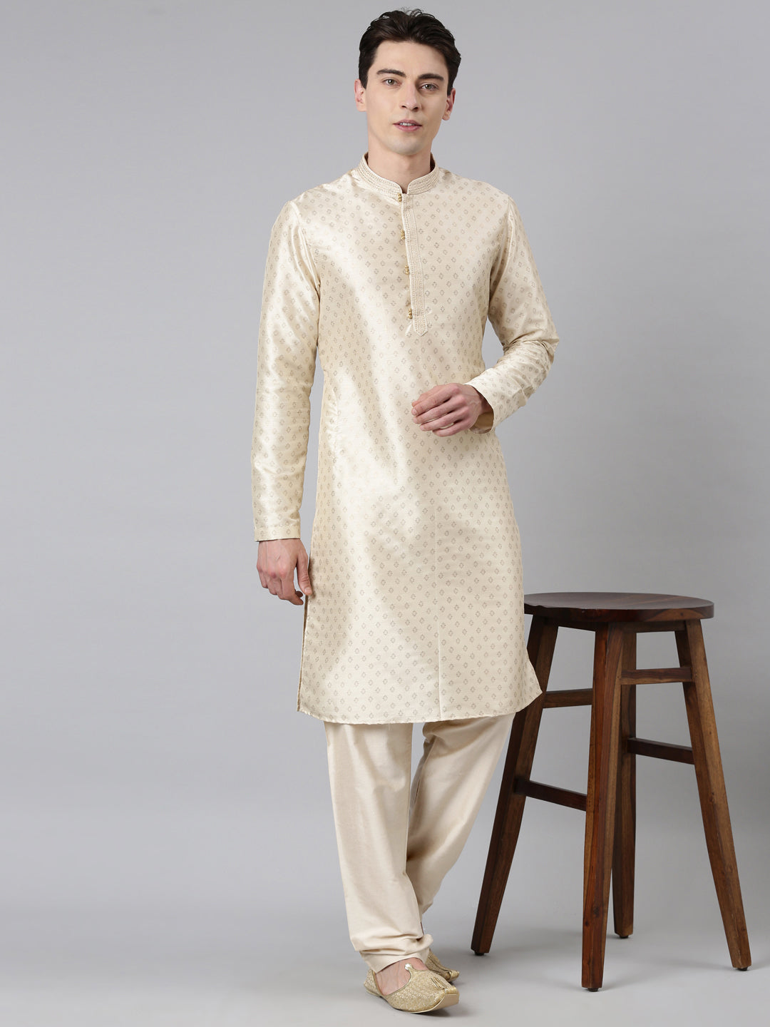 Cream Silk Gold Printed Kurta Set