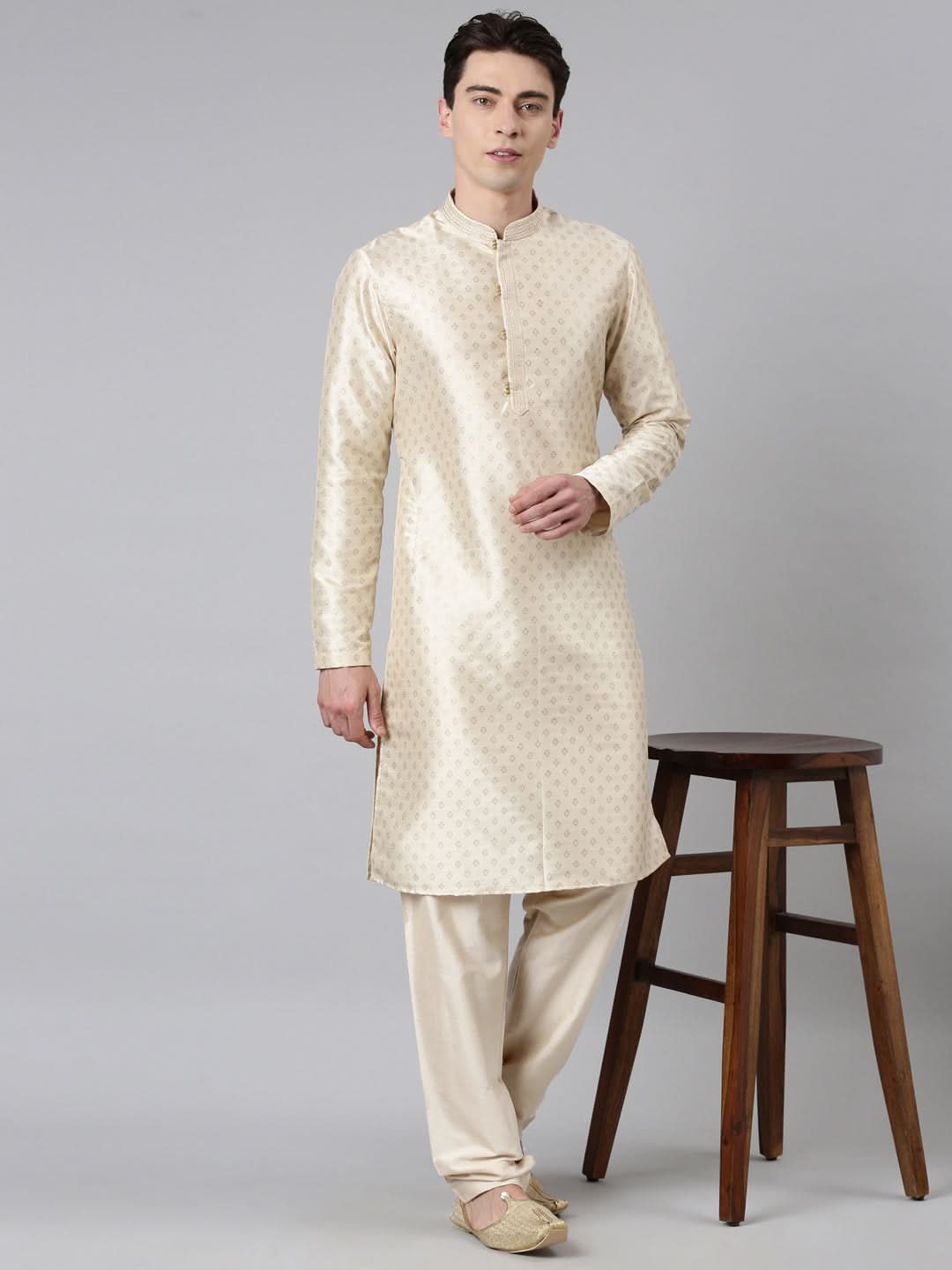 Cream Silk Gold Printed Kurta Set