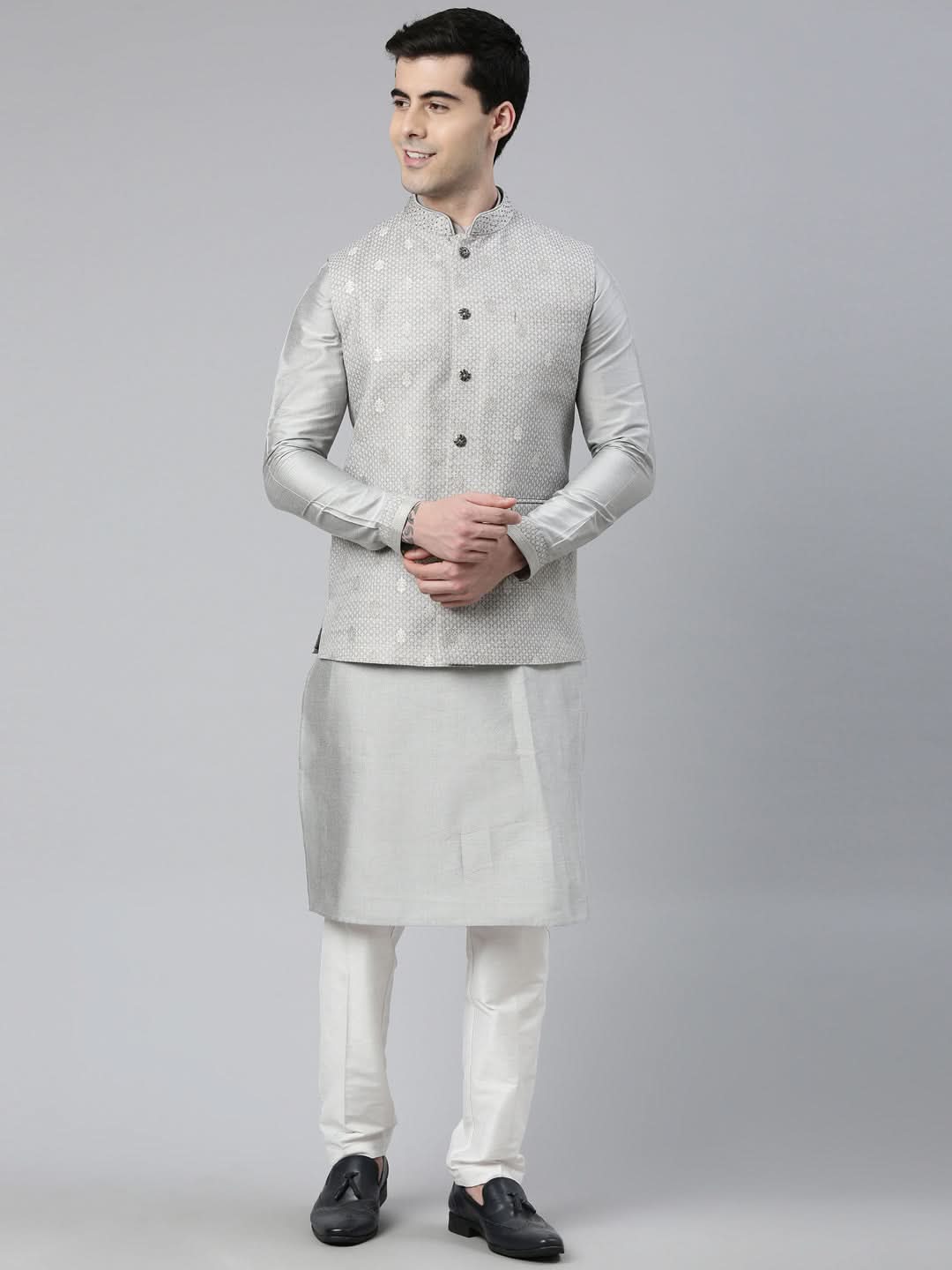 Grey Chanderi Booti Jacket with Kurta Set