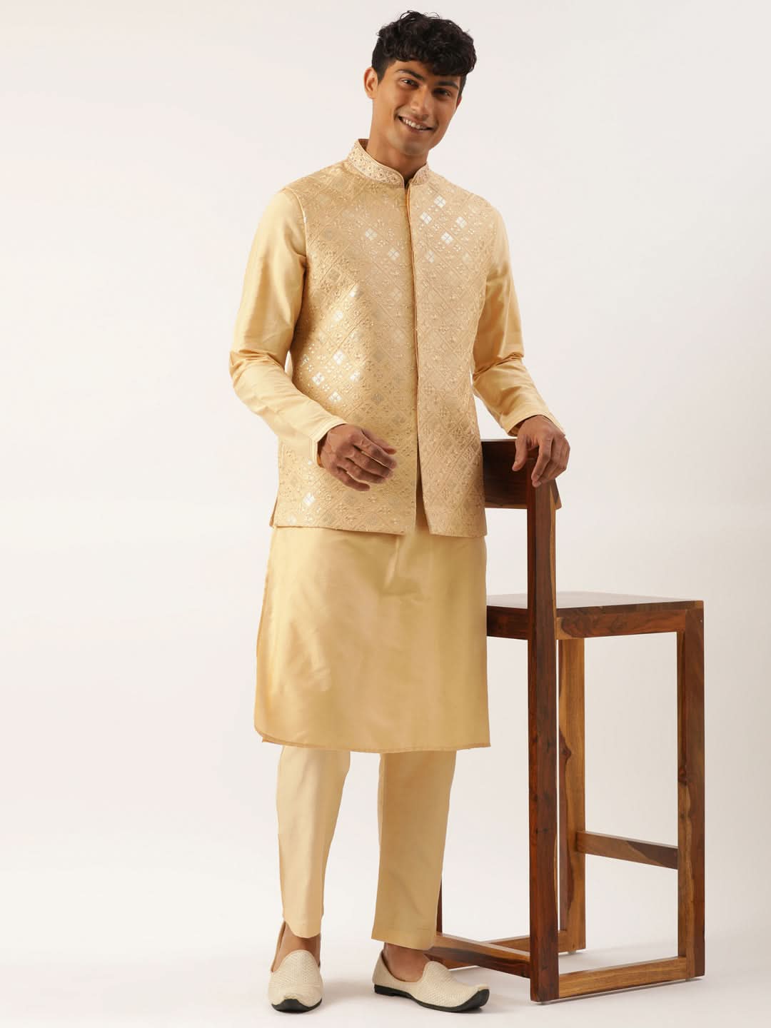 Beige Embroidered jacket kurta set