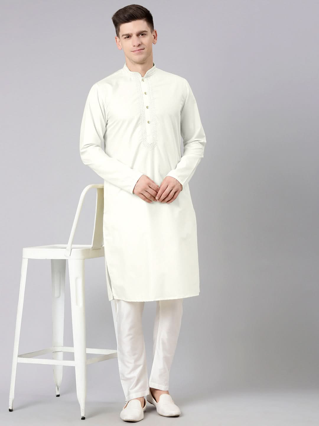 Off White Cotton Dori Embroidery Kurta Set