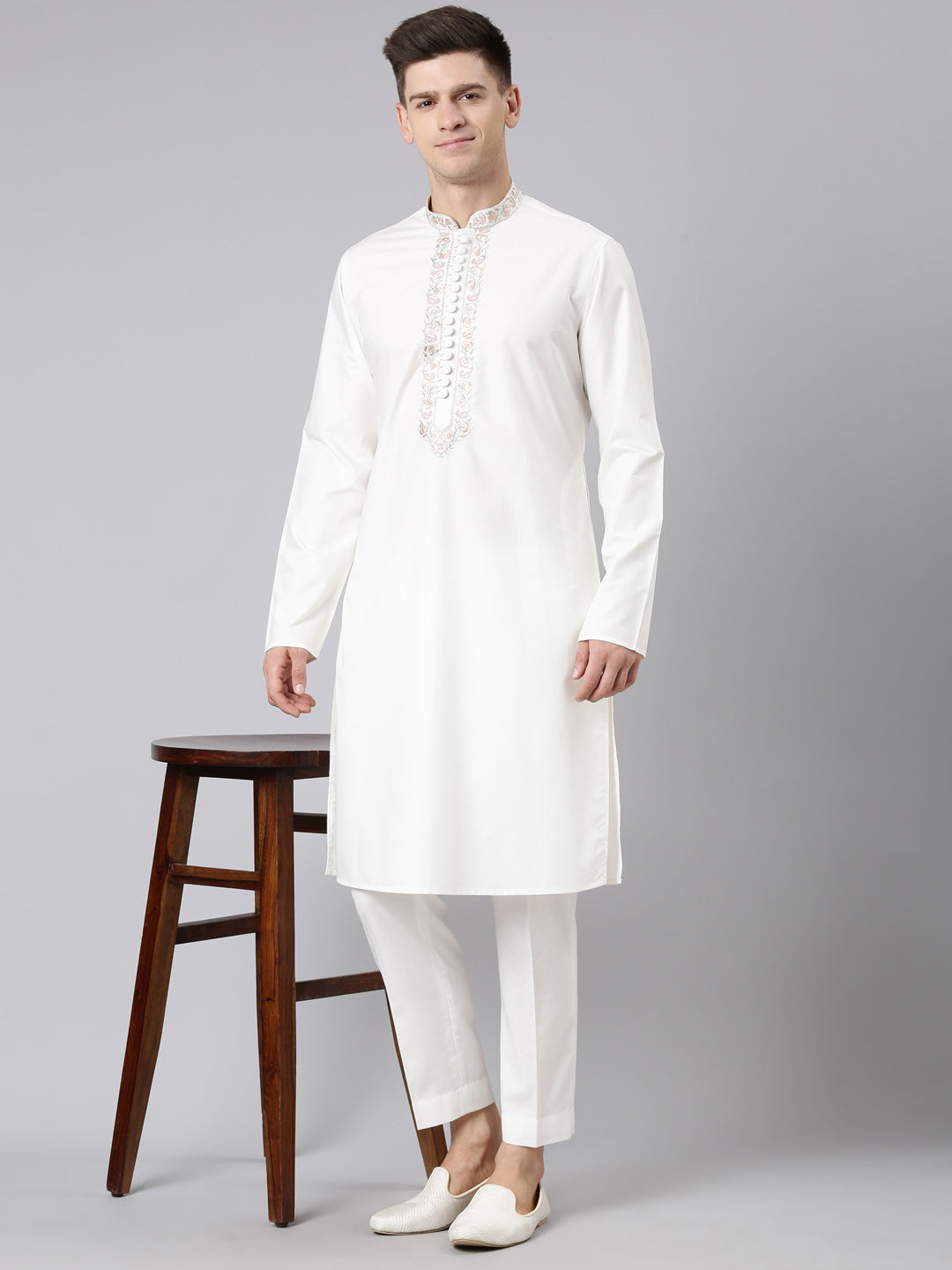 Off White Embroidered Kurta Set