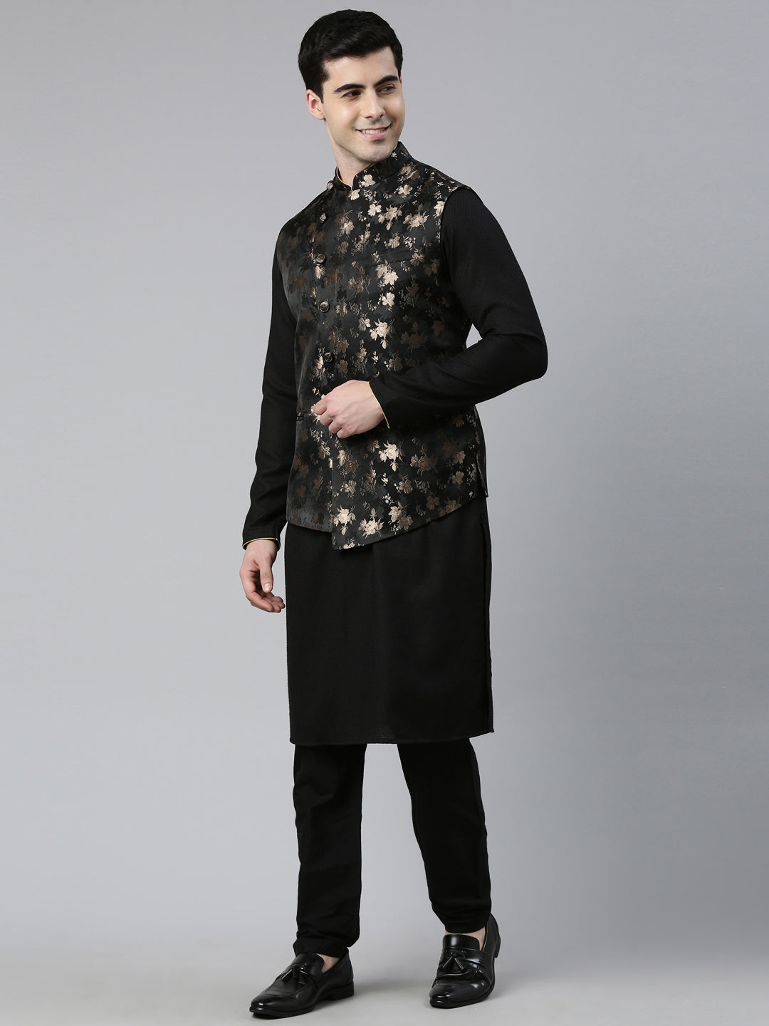 Black Gold Jacquard Print With Black Kurta