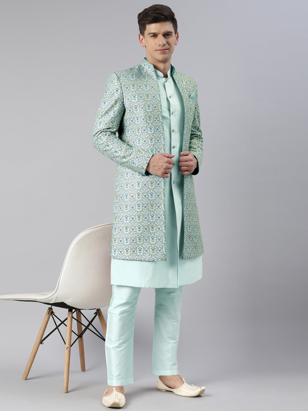 Green Embroidered Printed Achkan