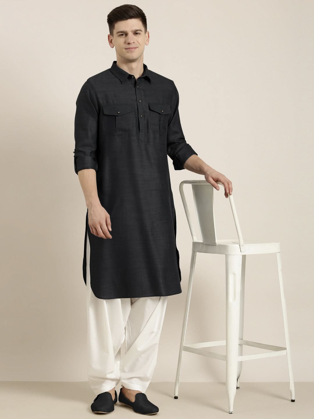 Black Cotton Pathani With Salwar