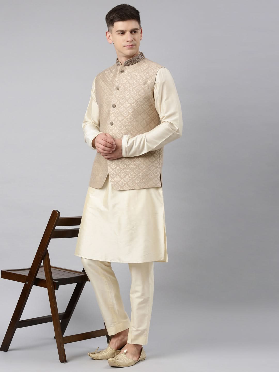 Beige Gold Jacquard Jacket W Ivory Kurta