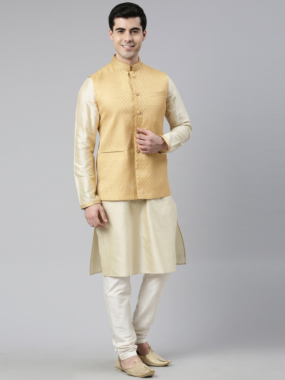 Beige Geometric Jacquard Jacket With Kurta Set