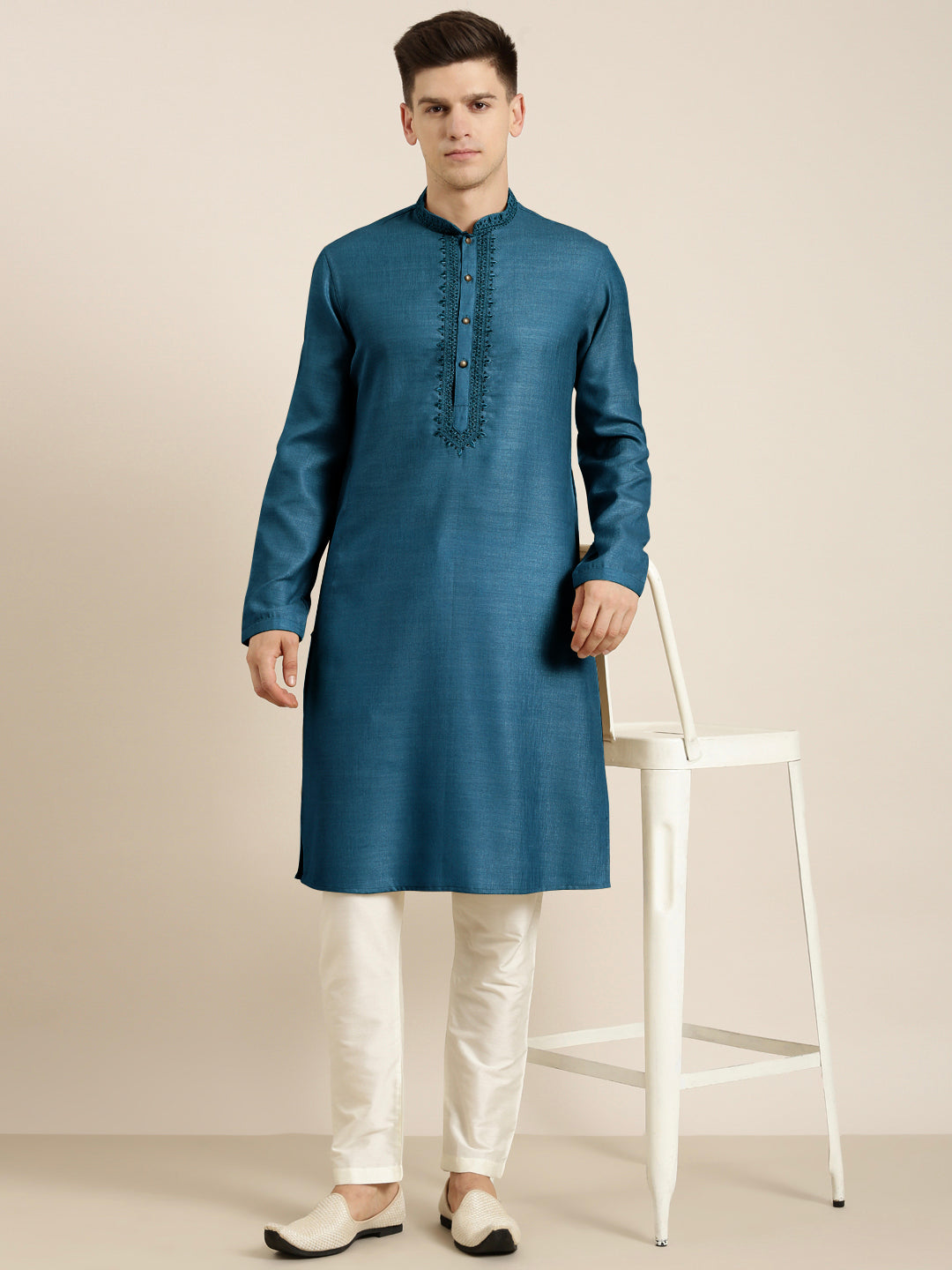 Denim Blue cotton Dori Embroidered Kurta
