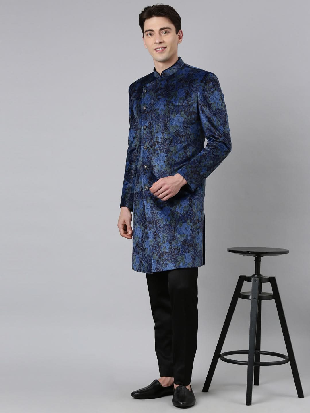 Blue Printed Velvet Angrakha Indowestern