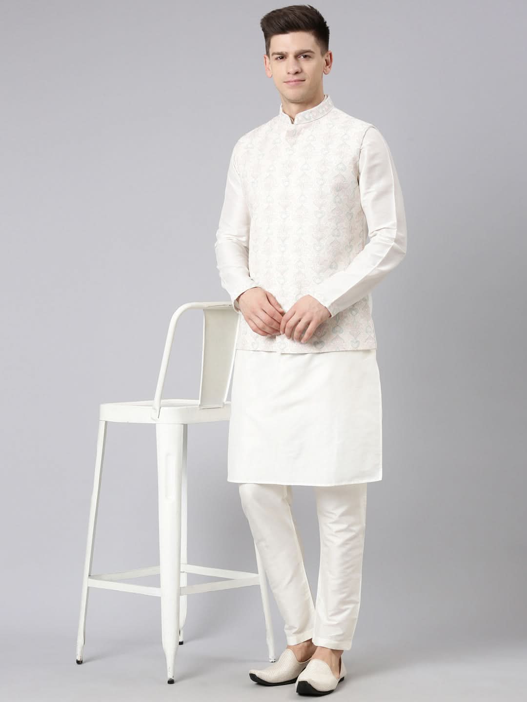 Cream Dori Embroidery Jacket Kurta Set