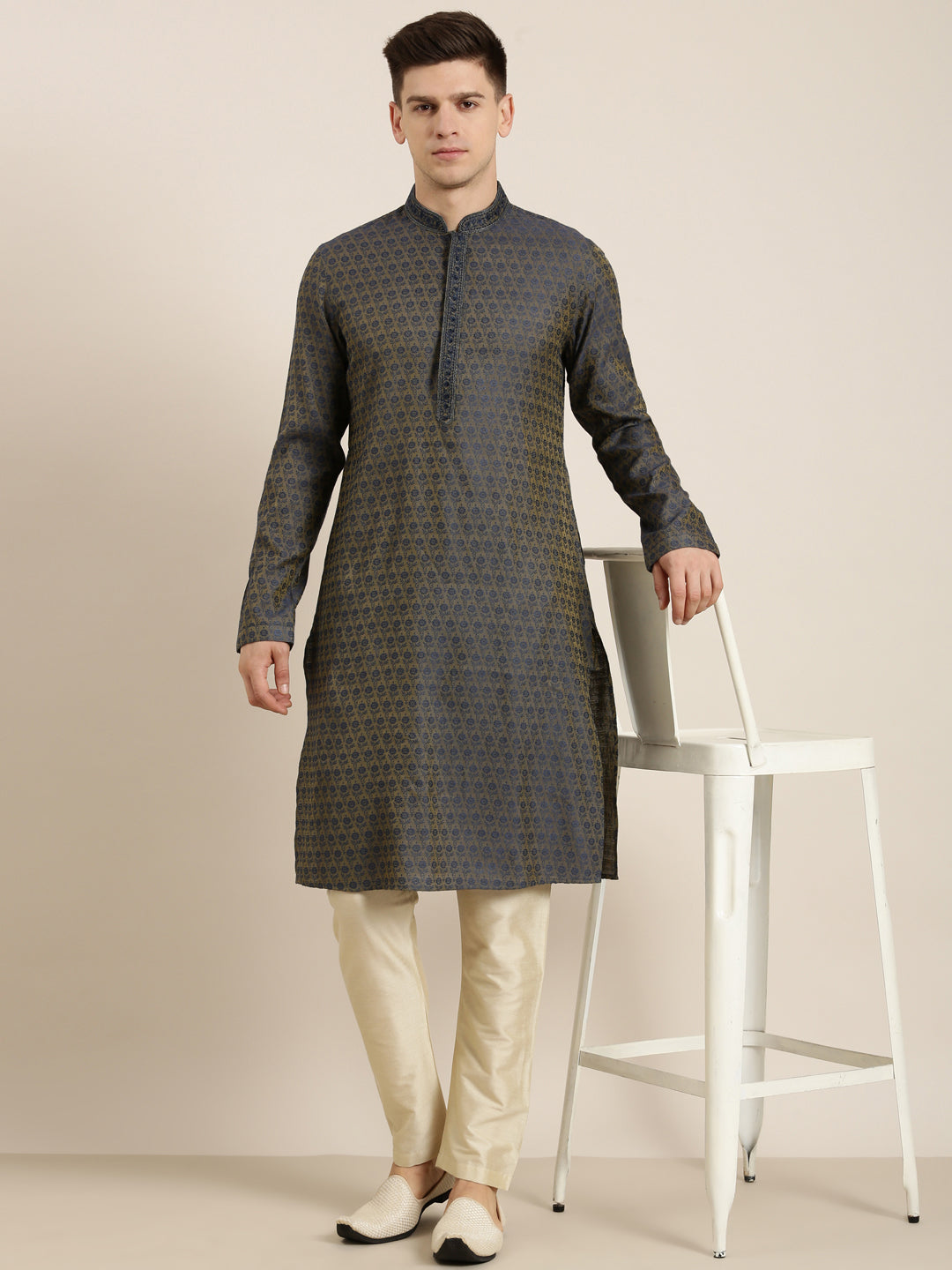 Navy Banarasi Jacquard Kurta Set