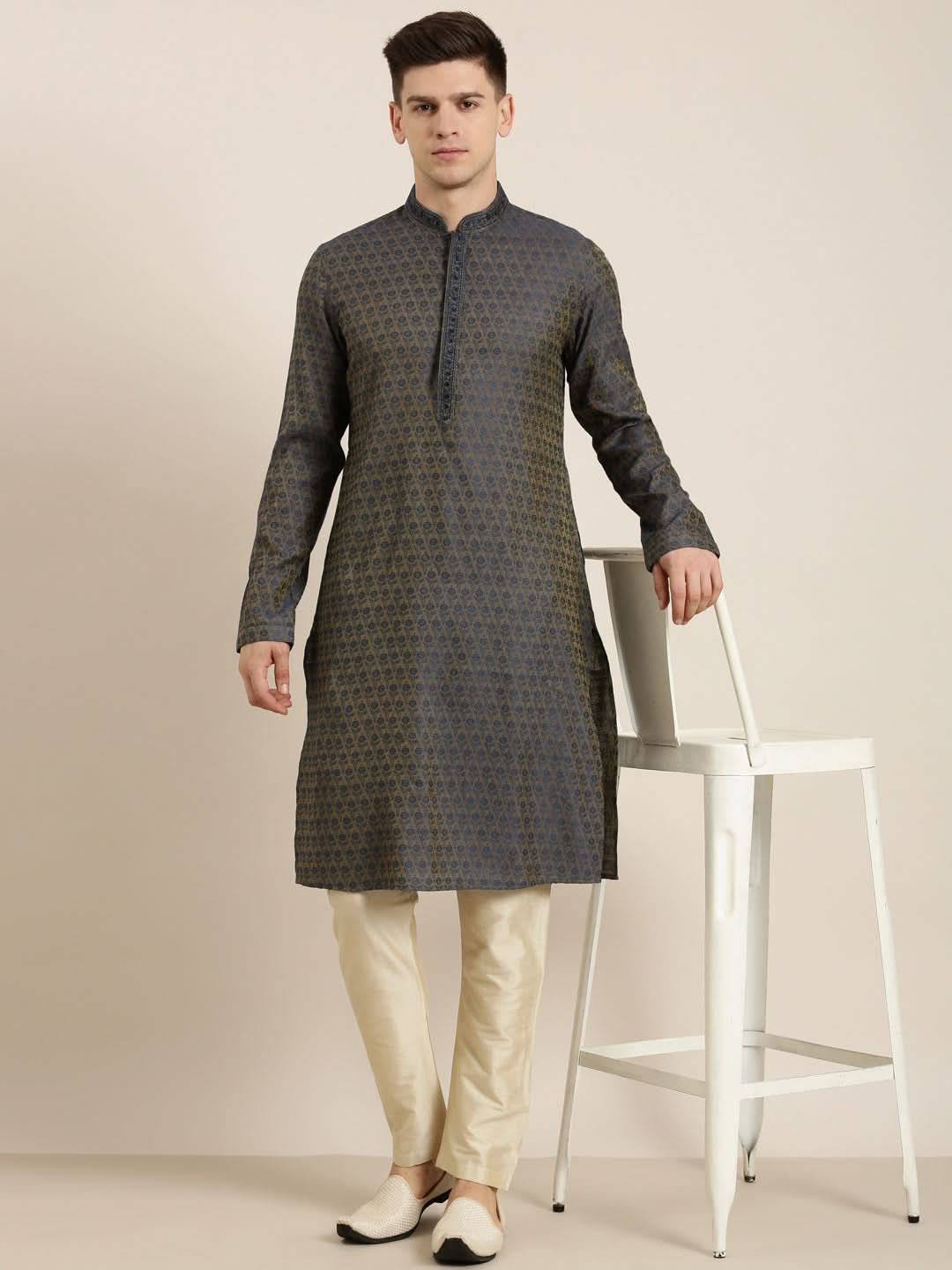 Navy Banarasi Jacquard Kurta Set
