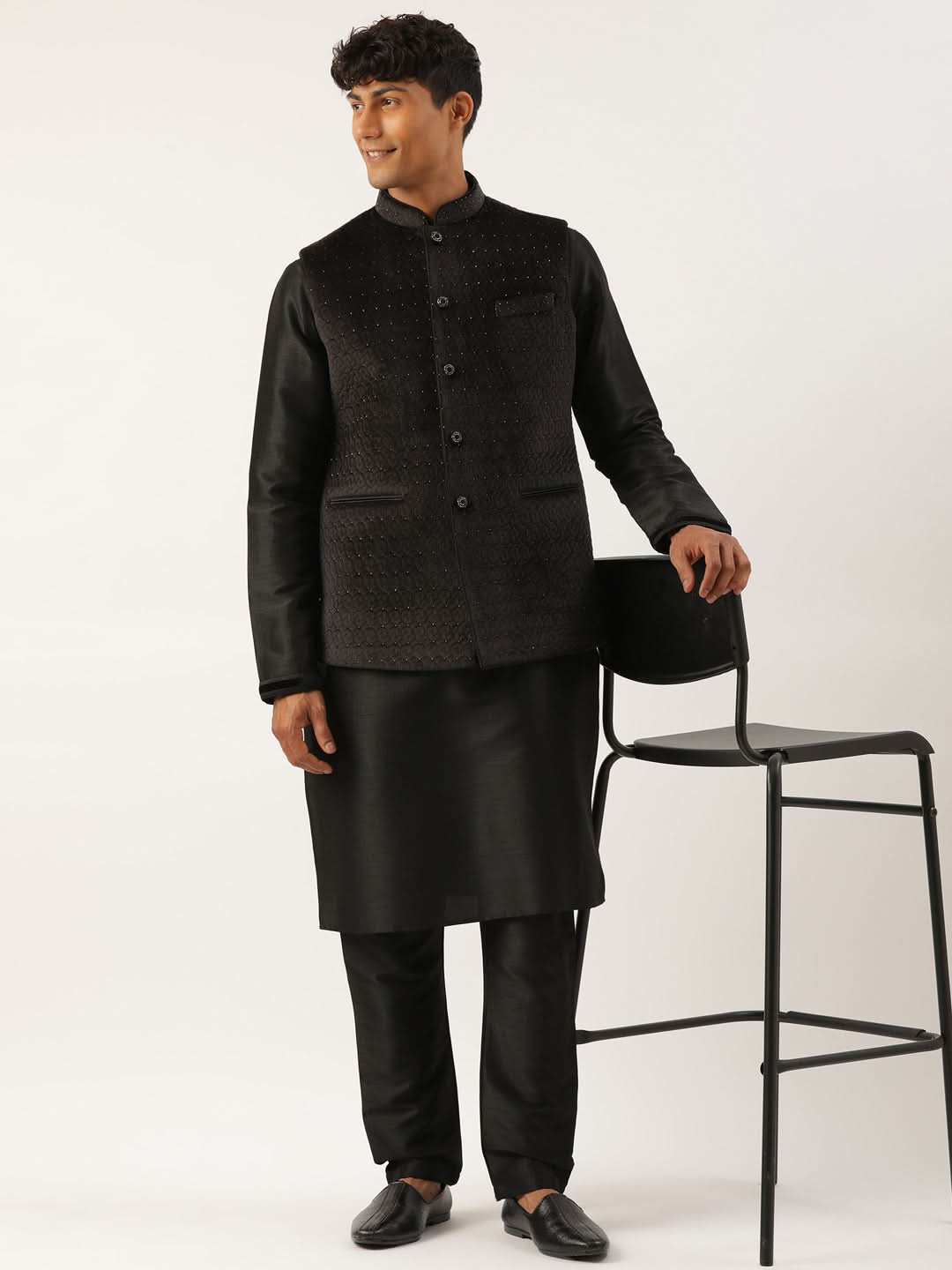 Black Velvet Quilted Jacket Kurta Set
