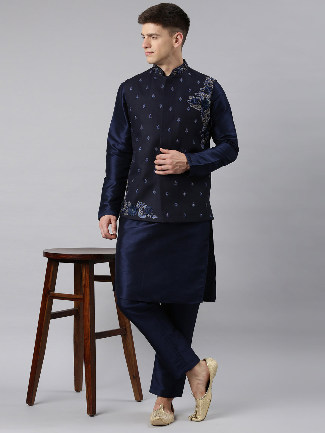 Navy Blue embroidered Jacket And Kurta Set