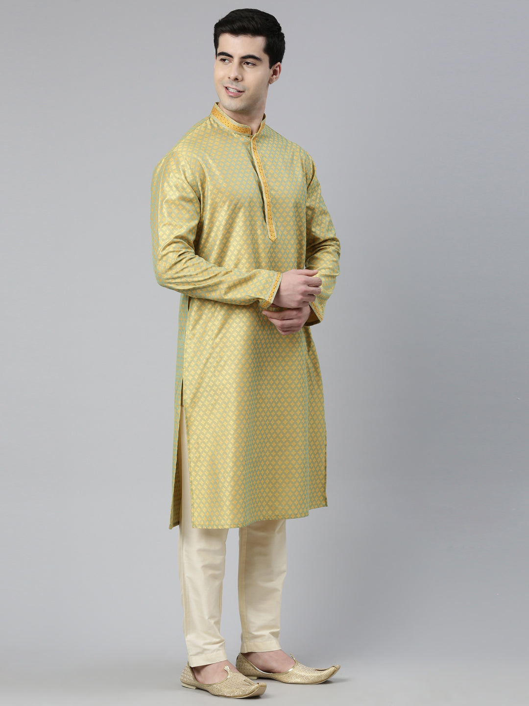 Greenish Yellow Silk Jacquard Kurta Set