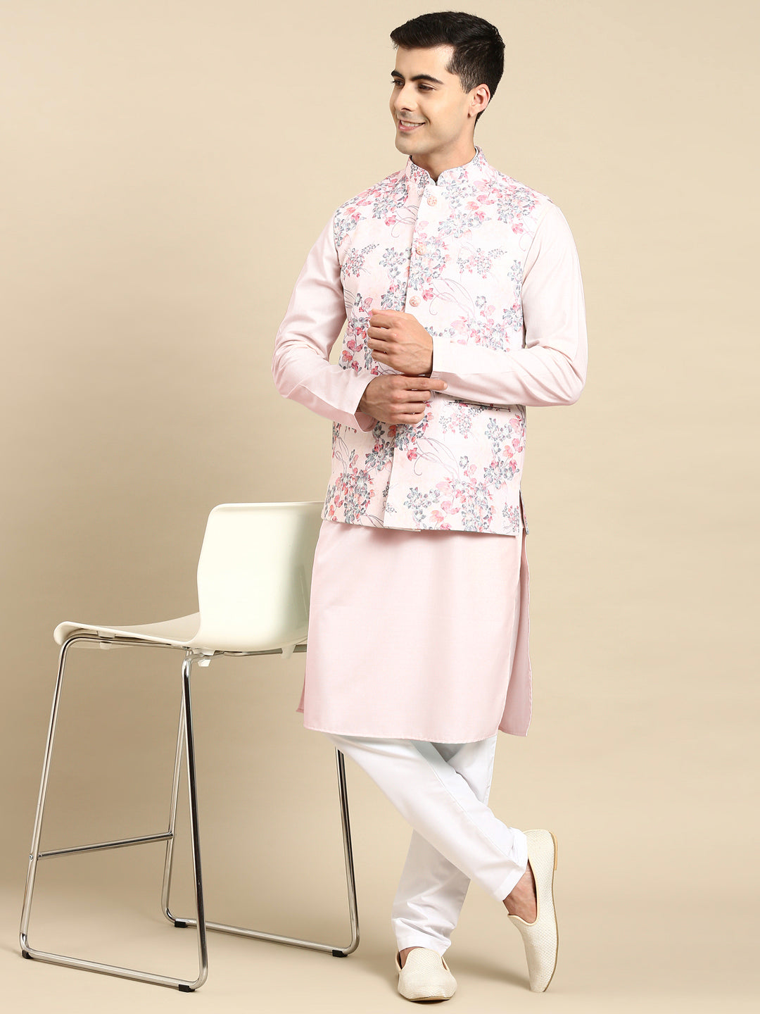 Pink Printed Jacket Kurta Set