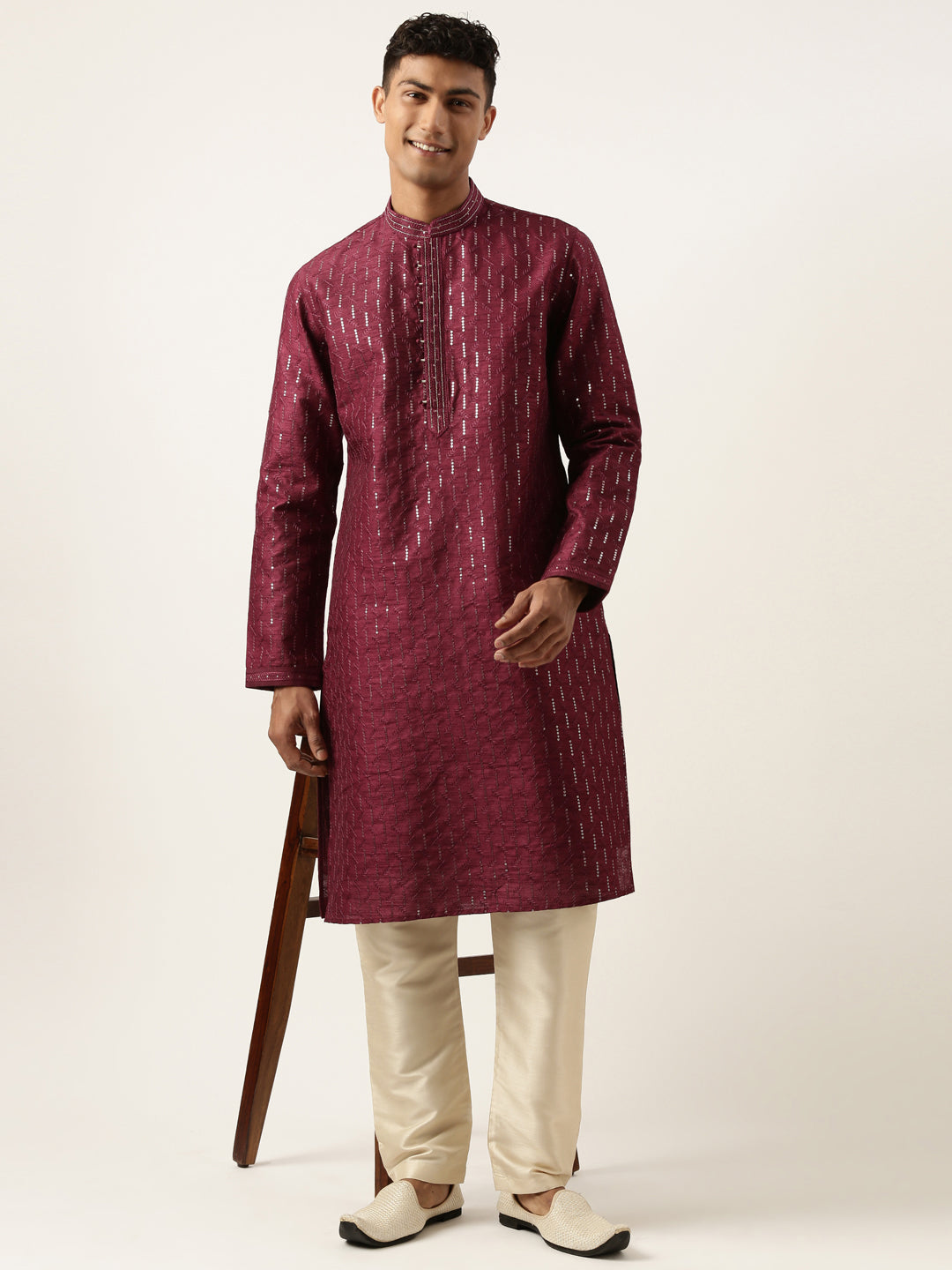 Wine Embroidered Kurta Set