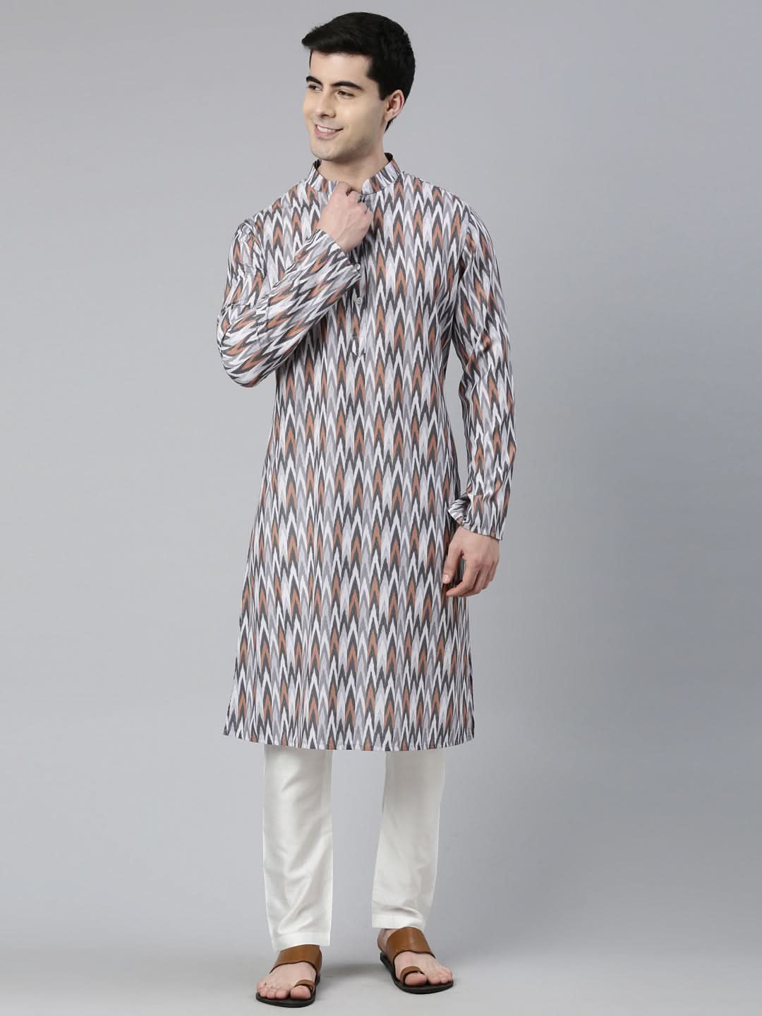 Grey Ikat Printed Kurta Set