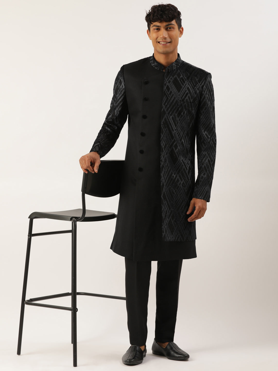 Black Velvet Angrakha Layered Indowestern