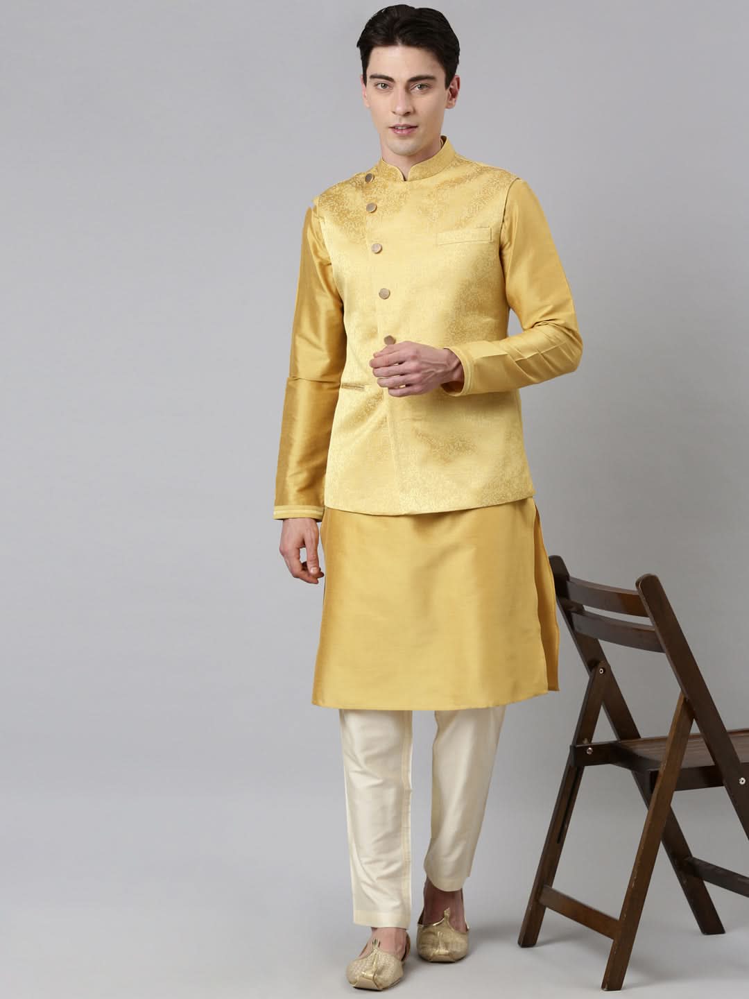 Mustard Jacquard Jacket With Kurta Set