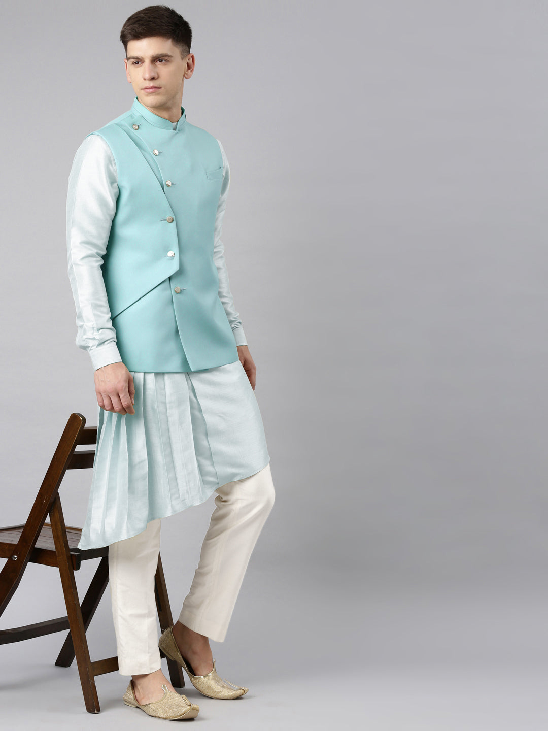 Sky Blue Waistcoat Jacket With Mint Crushed Kurta