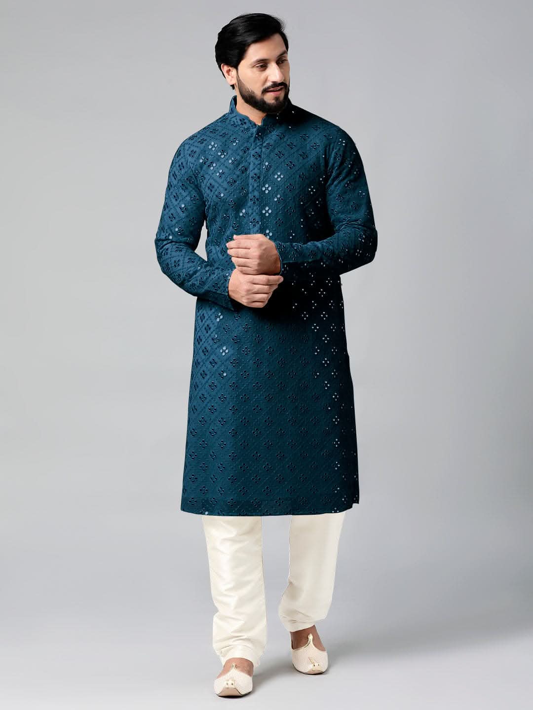 Blue Mirror Embroidery Kurta Set