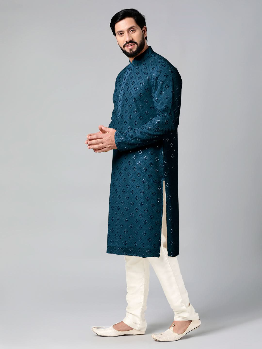Blue Mirror Embroidery Kurta Set