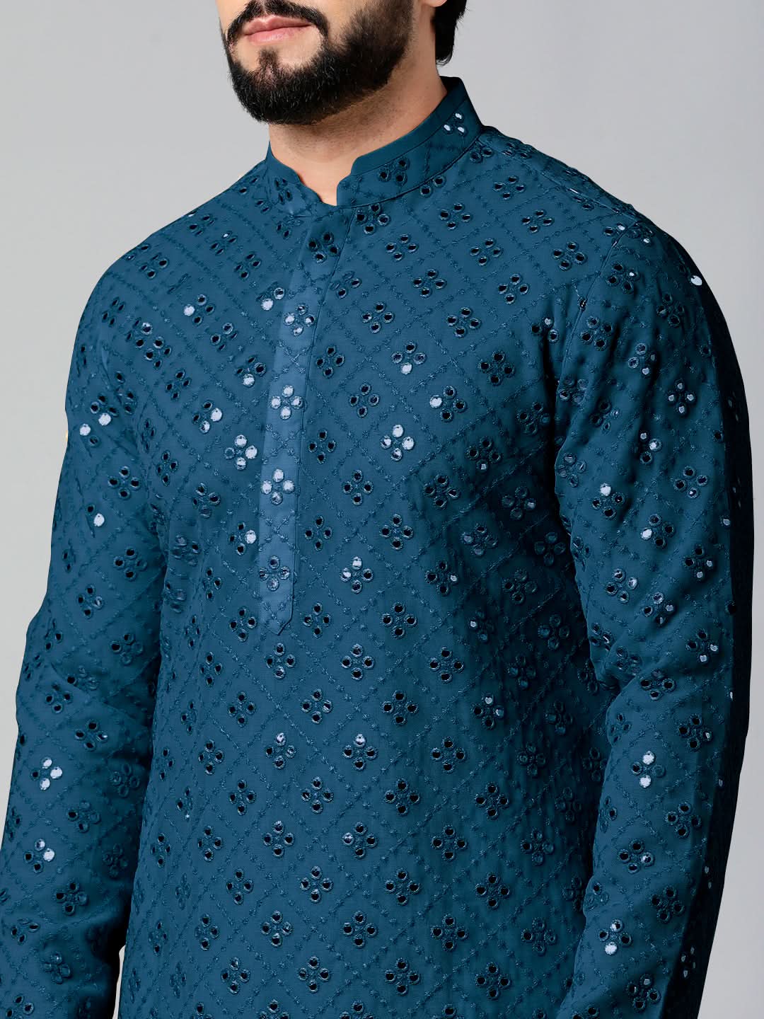 Blue Mirror Embroidery Kurta Set