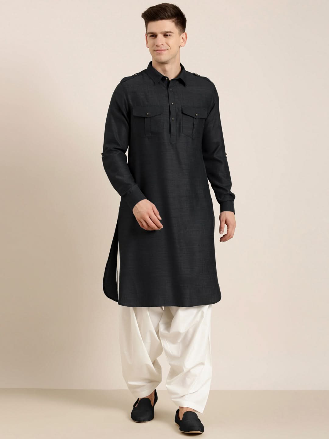Black Cotton Pathani With Salwar