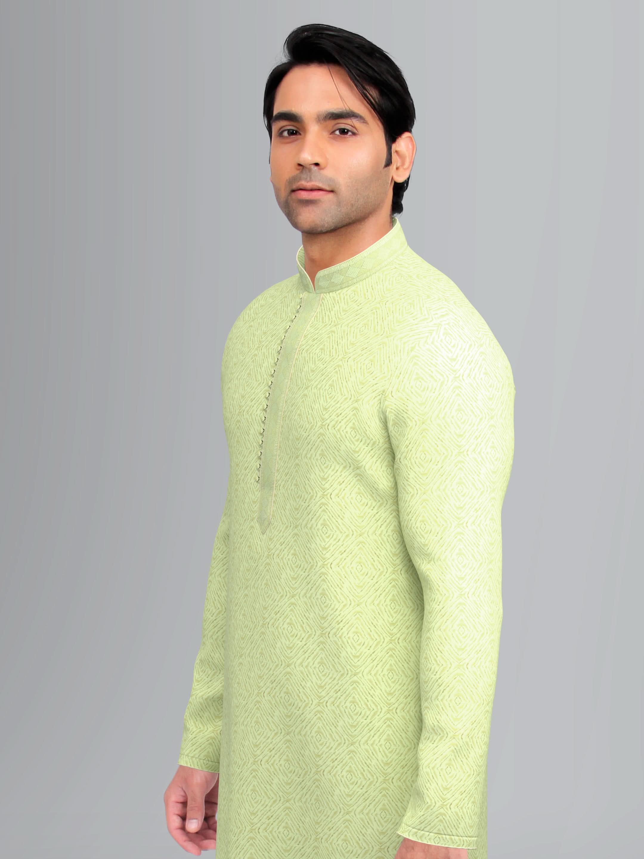Green Art Silk Kurta Set with Shining Golden Khadi Print