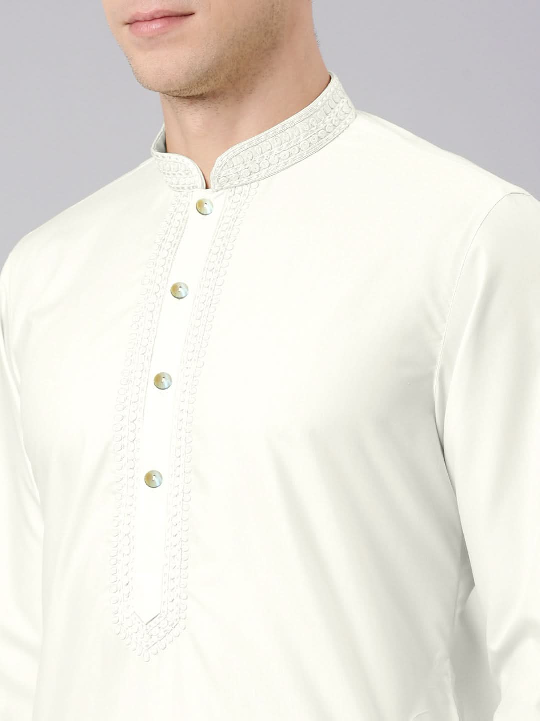 Off White Cotton Dori Embroidery Kurta Set