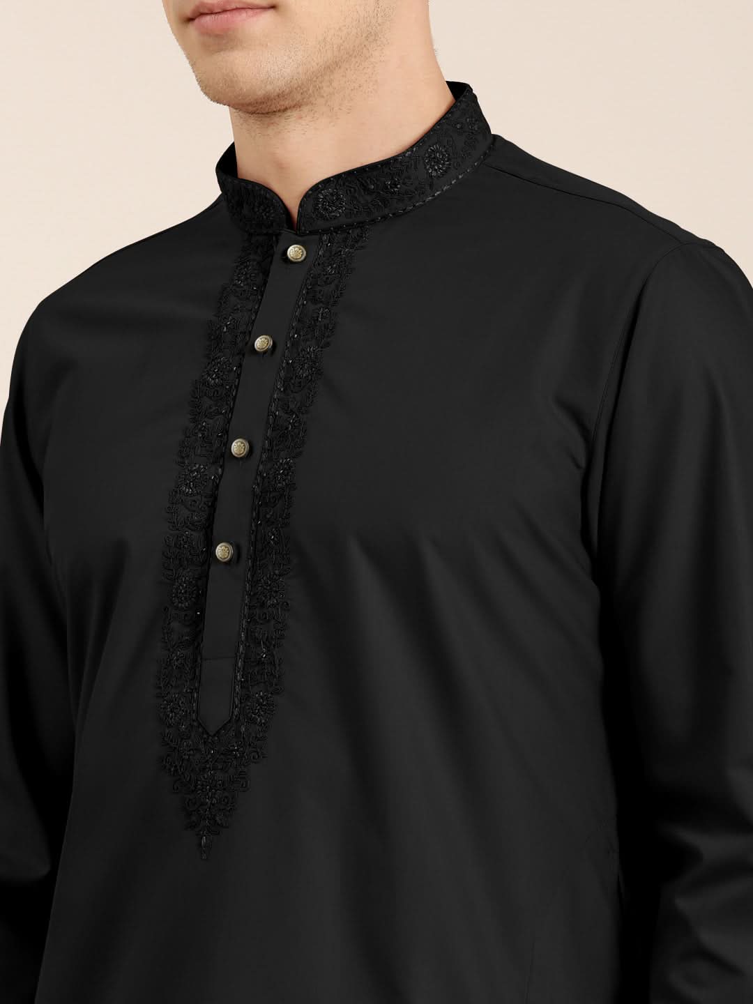 Black Cotton Dori Embroidered Kurta Set