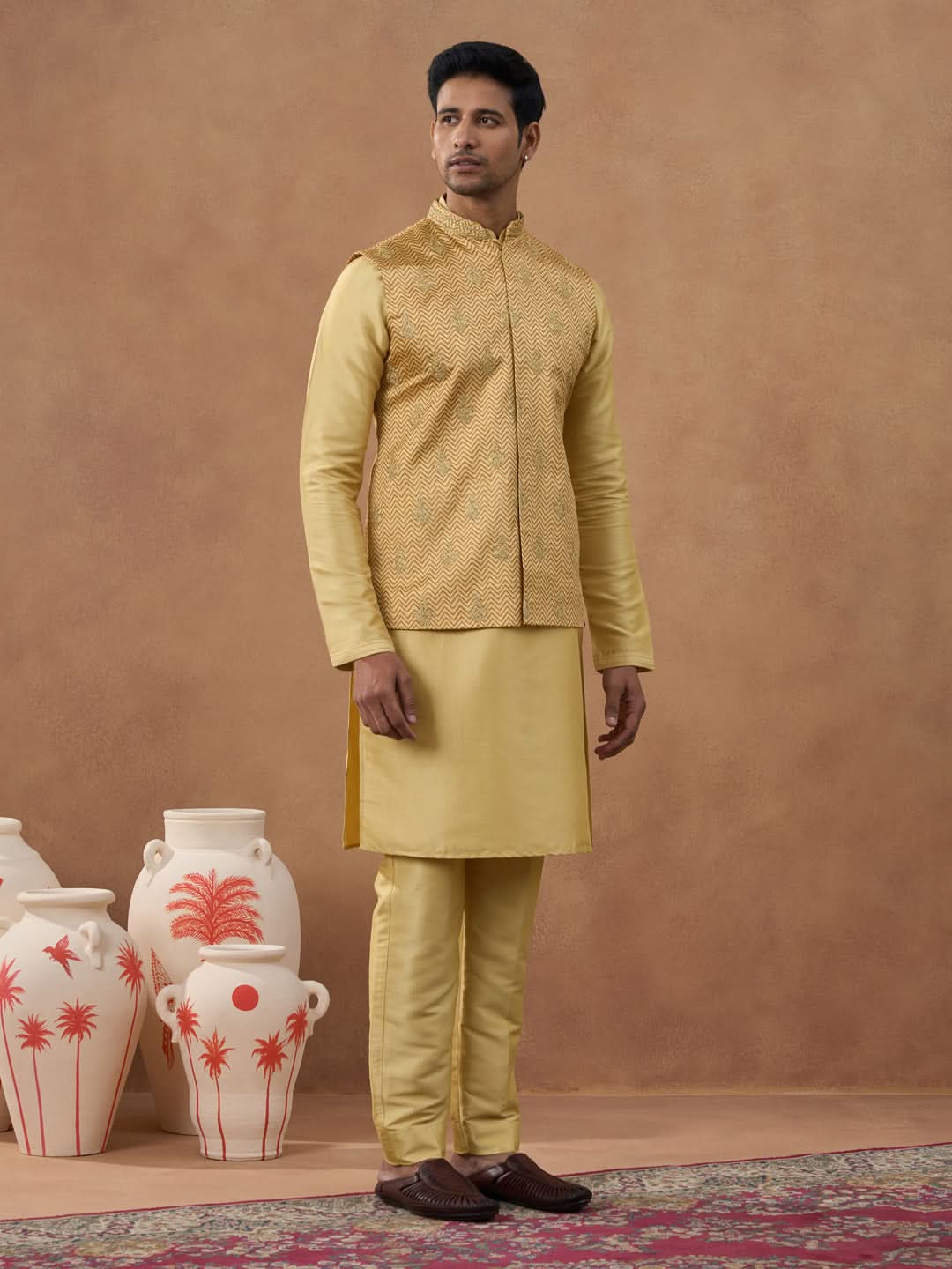 Gold Herringbone Printed Bundi Kurta Set