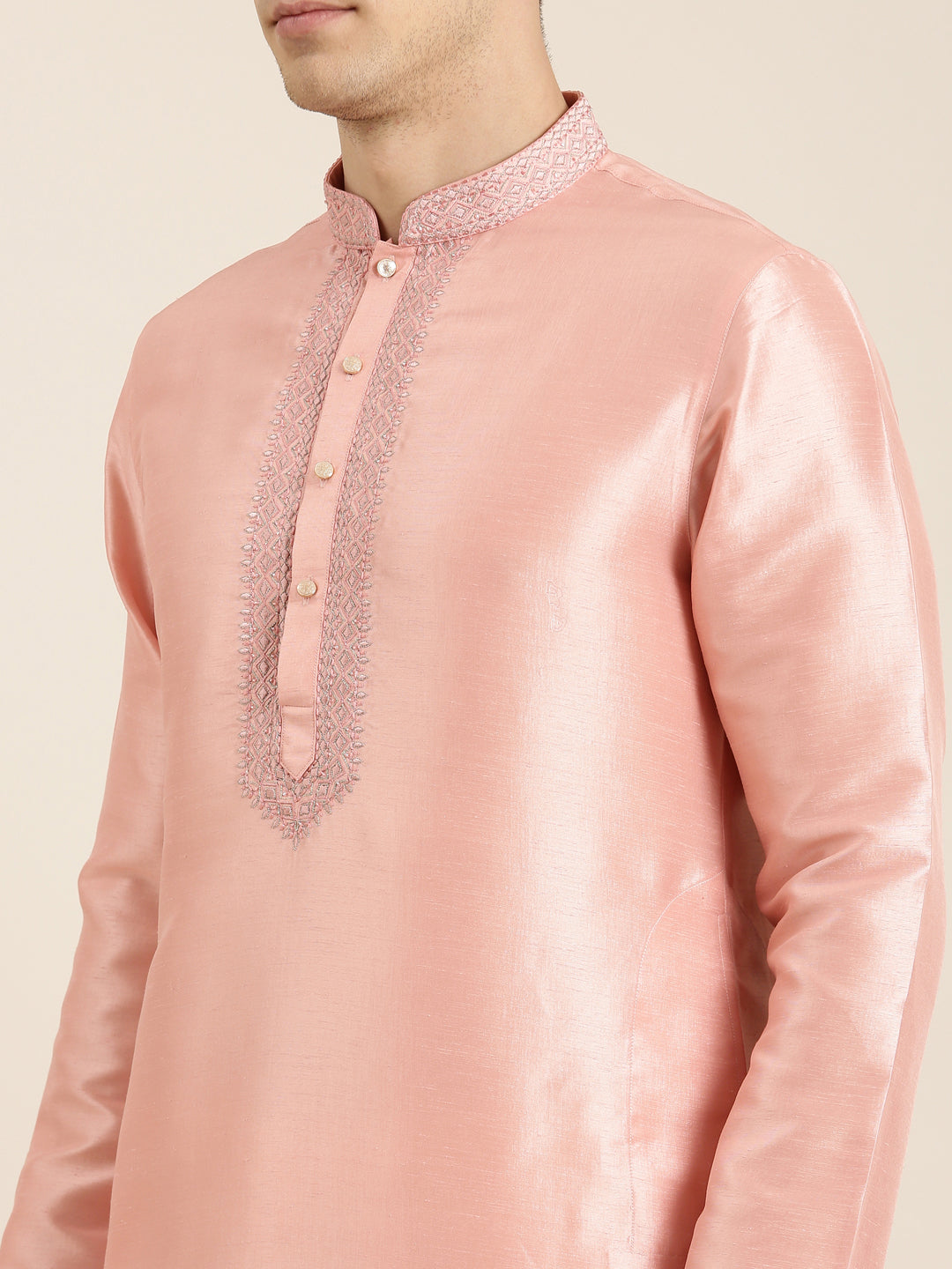 Peach Silk Embroidered Kurta Set