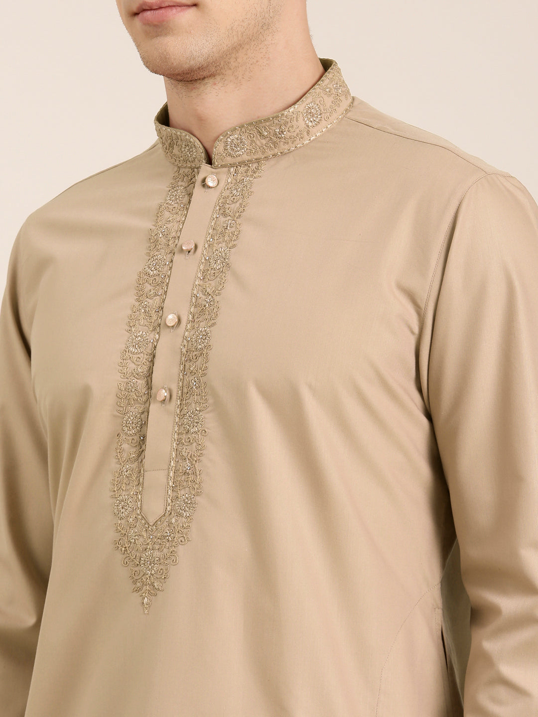 Beige Cotton Dori Embroidered Kurta Set