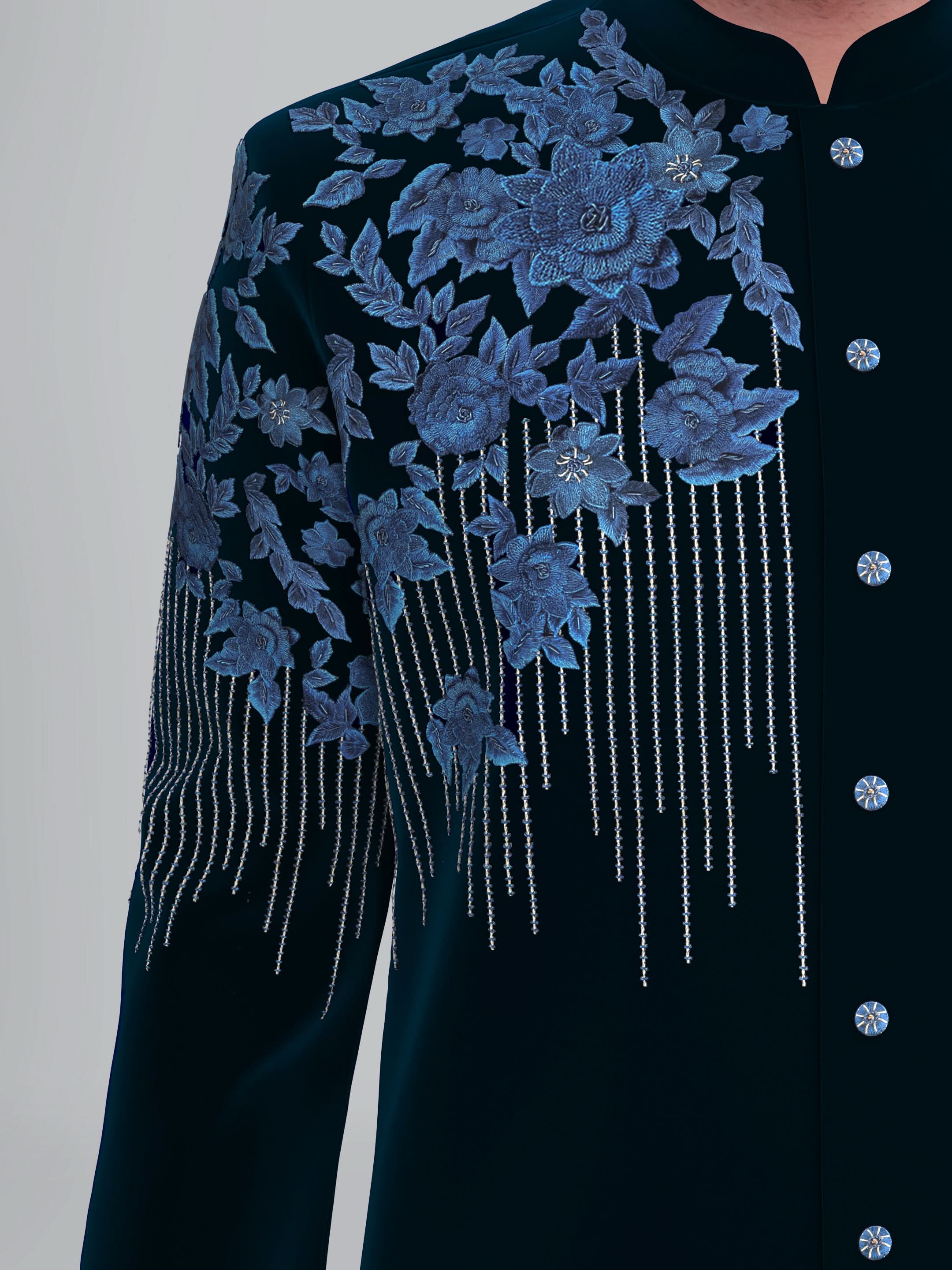 Navy velvet 3D embroidery Asymmetric Indowestern