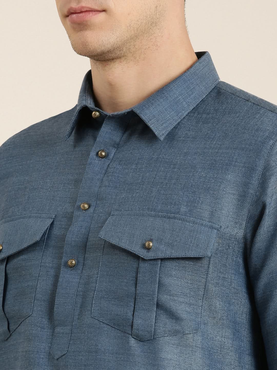 Denim Blue Cotton Pathani With Salwar