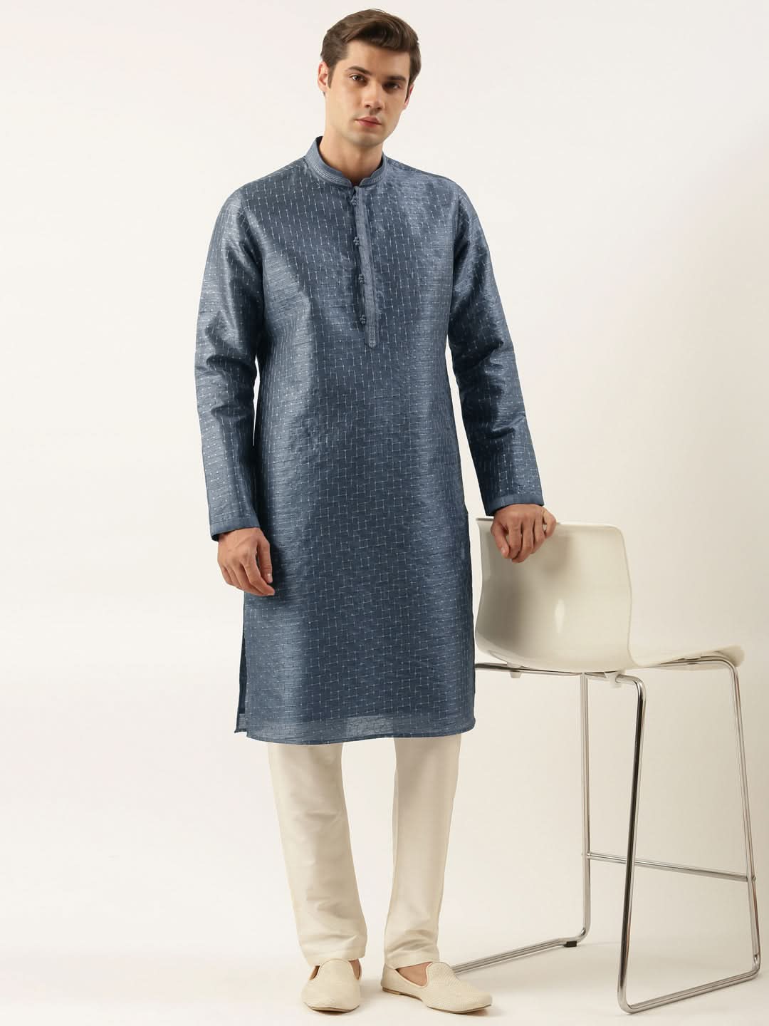 Grey Embroidered Silk Kurta Set