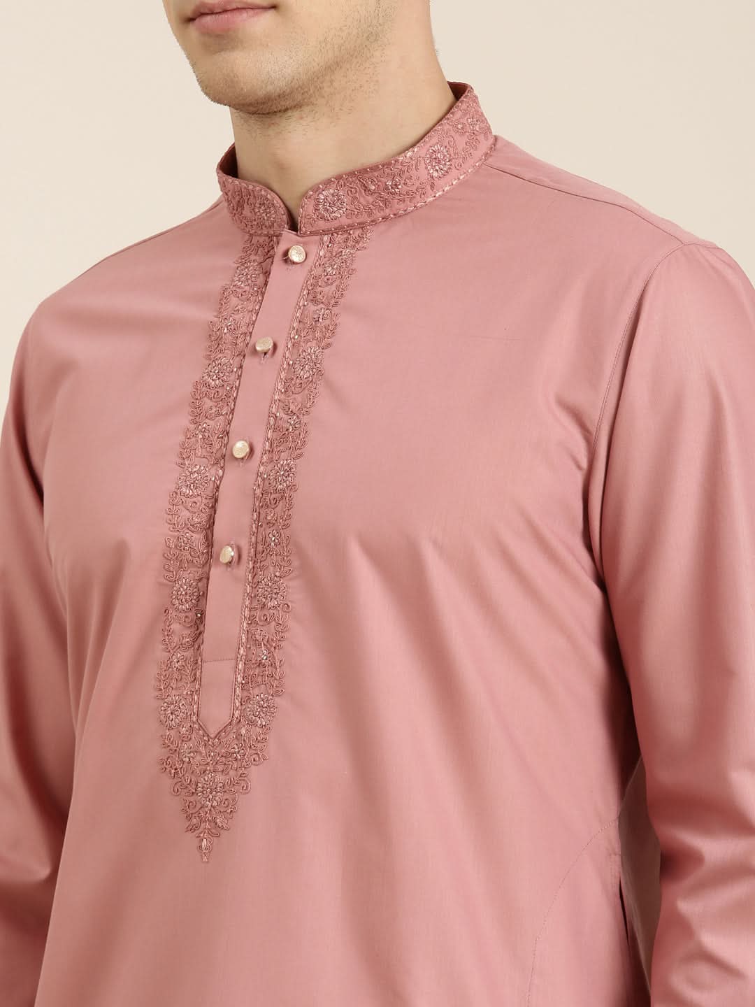 Rose Pink Cotton Dori Embroidered Kurta Set