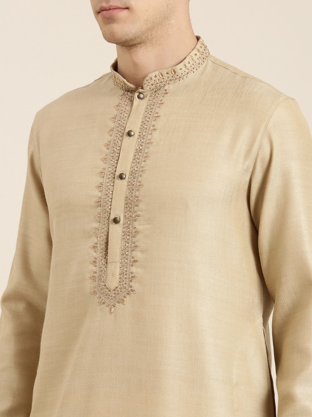 Beige Cotton Dori Embroidered Kurta